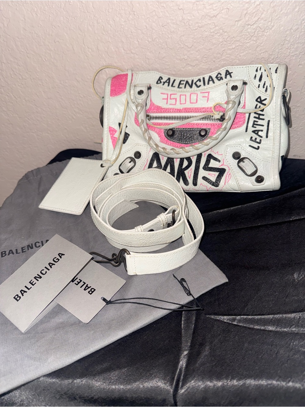 Balenciaga White and Pink Graffiti Mini City Bag
